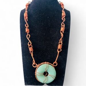 Vintage Handmade Jade Green Copper Wire Wrapped Aventurine Pendant Necklace